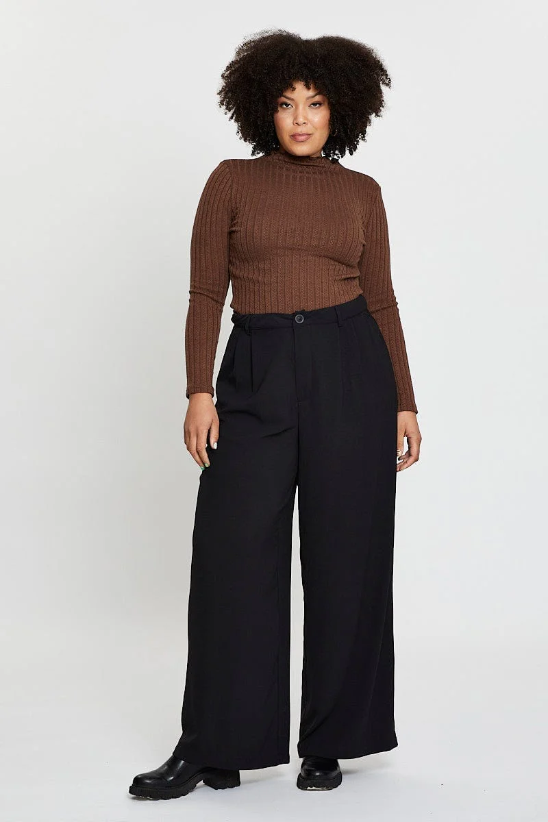 Brown Textured Jersey Black Funnel Neck Top - Image 2