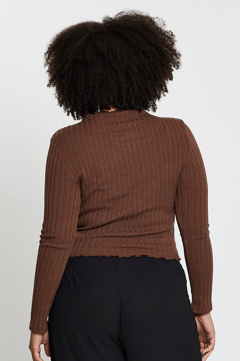 Brown Textured Jersey Black Funnel Neck Top - Image 5