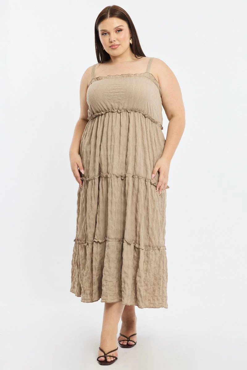 Brown Textured Maxi Dress Sleeveless Tiered