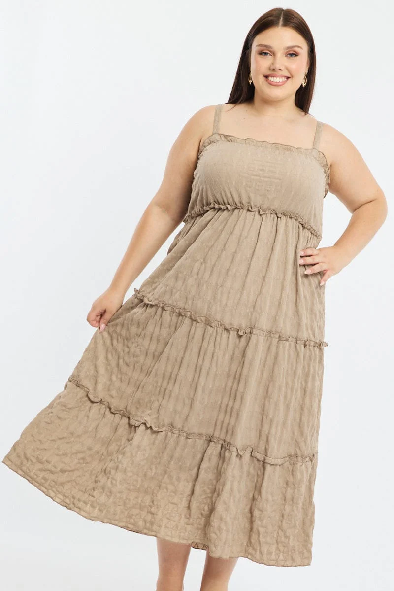 Brown Textured Maxi Dress Sleeveless Tiered - Image 2