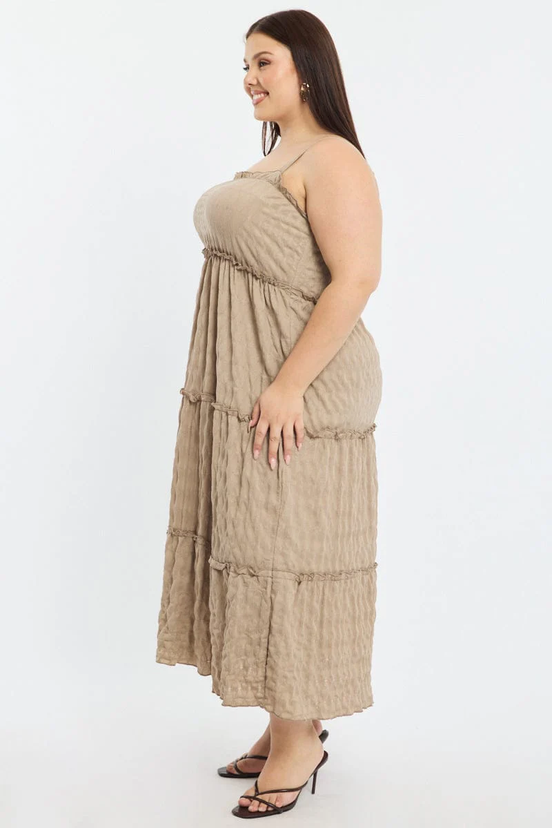 Brown Textured Maxi Dress Sleeveless Tiered - Image 3