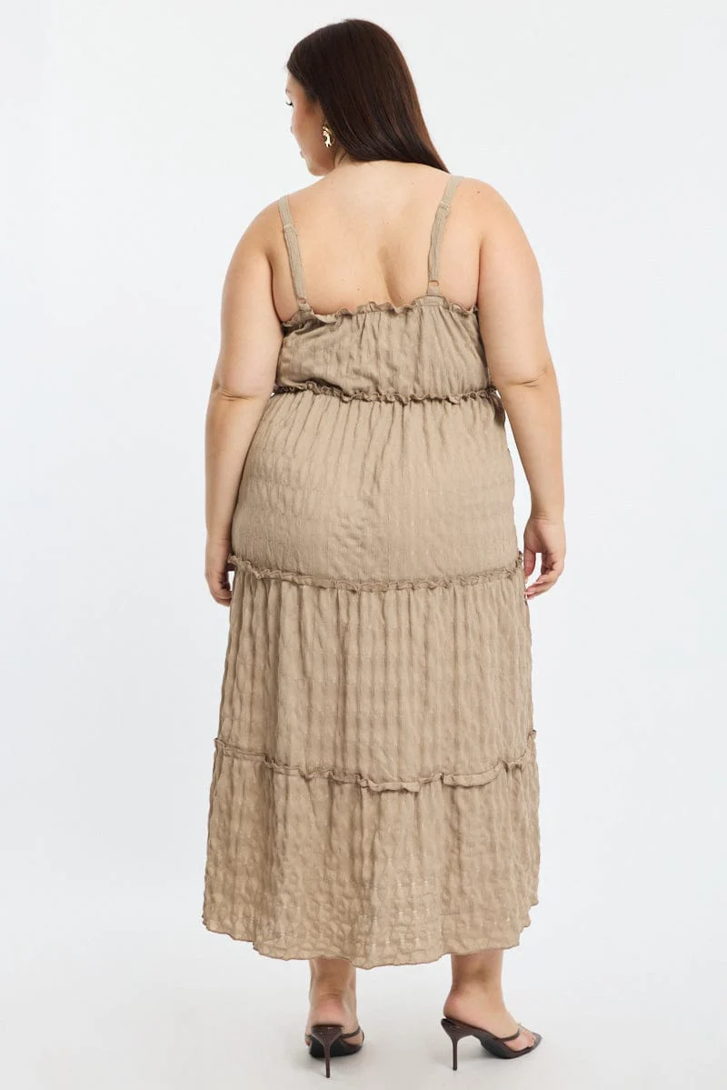 Brown Textured Maxi Dress Sleeveless Tiered - Image 4