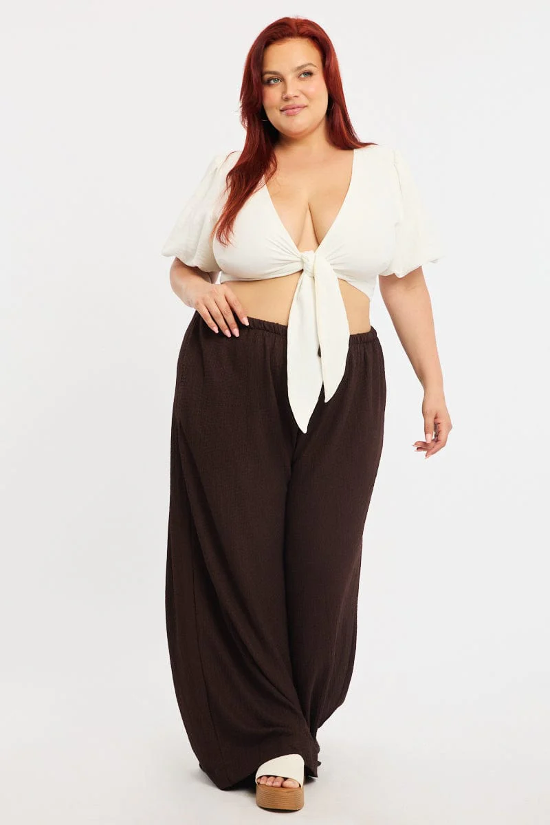 Brown Textured Pants Elastic Waist