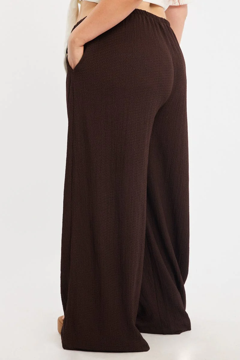 Brown Textured Pants Elastic Waist - Image 3