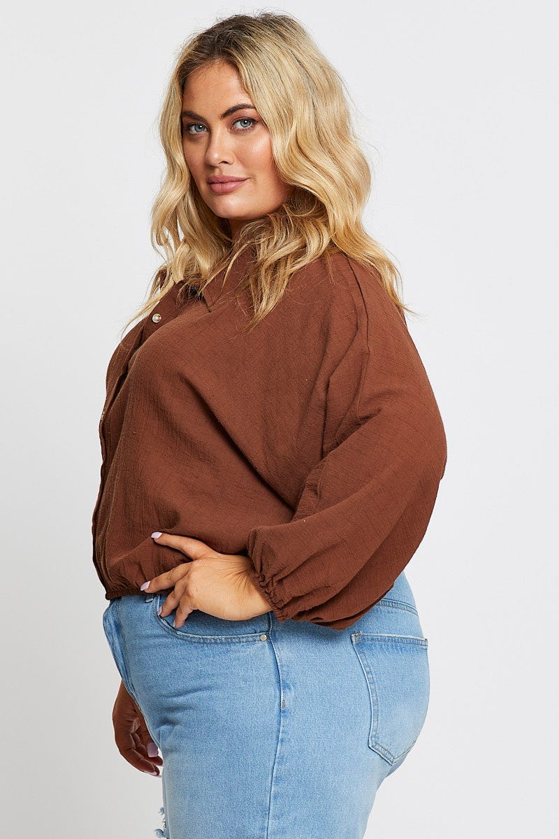 Brown Textured Shirt Off Long Sleeve - Image 4
