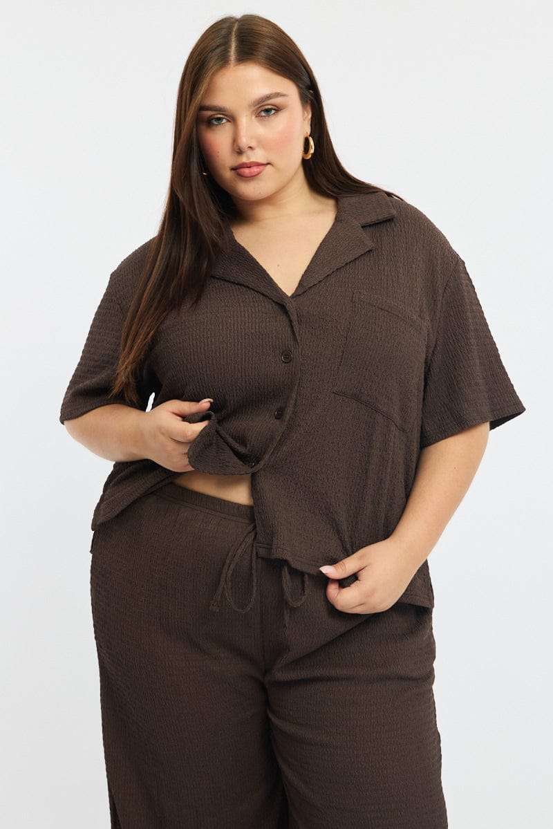 Brown Textured Shirt Short Sleeve - Image 2