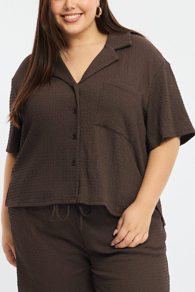 Brown Textured Shirt Short Sleeve - Image 6