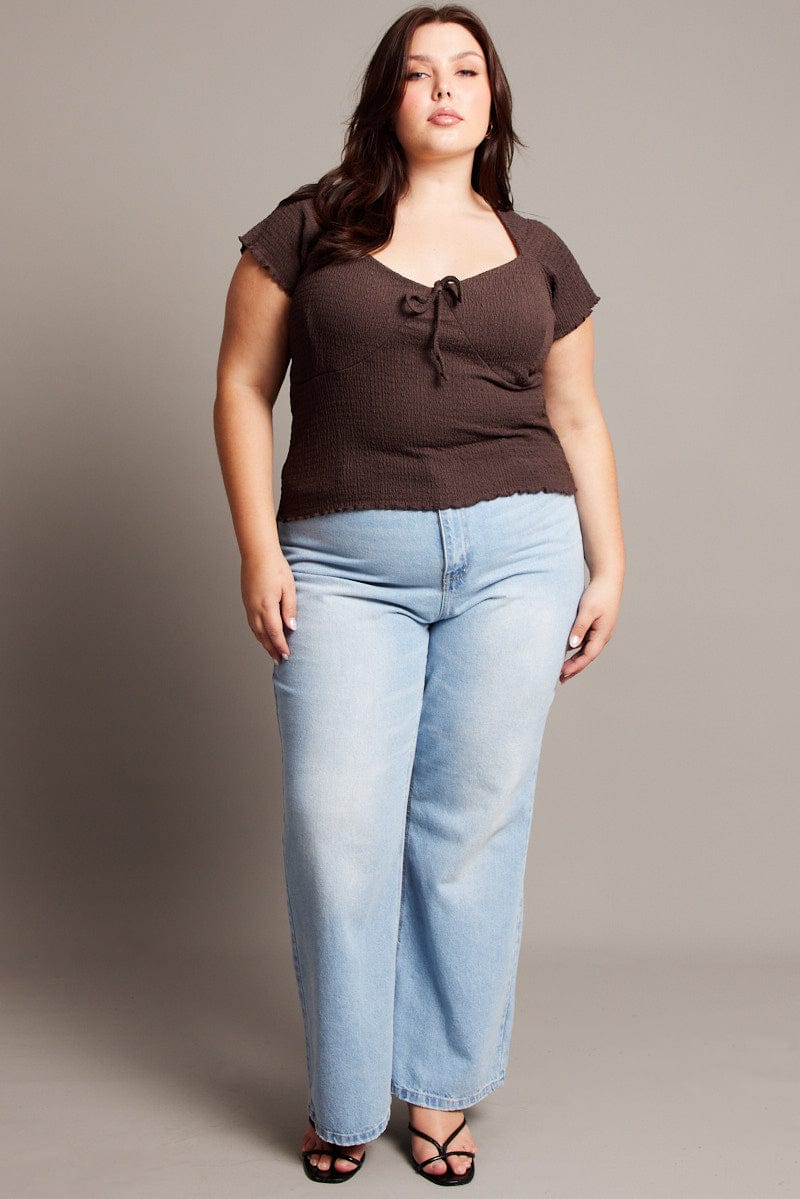 Brown Textured Top Short Sleeve - Image 2