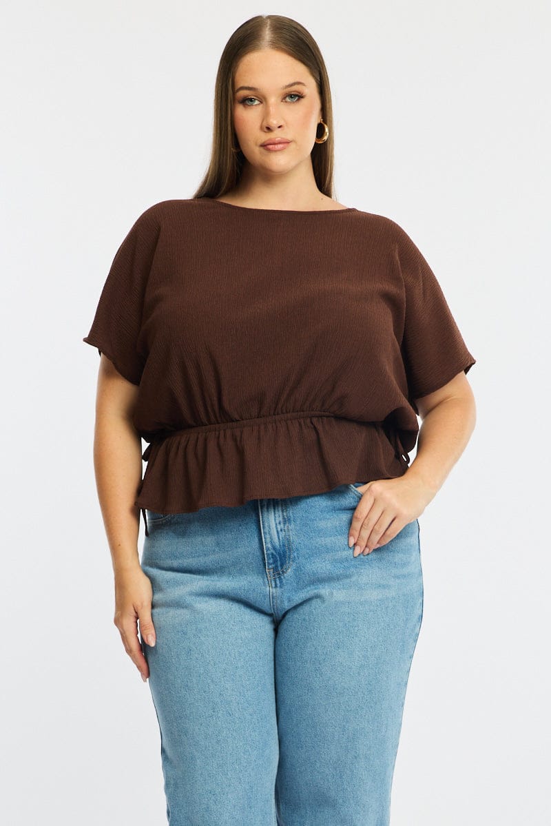Brown Textured Top Short Sleeve Waist Tie