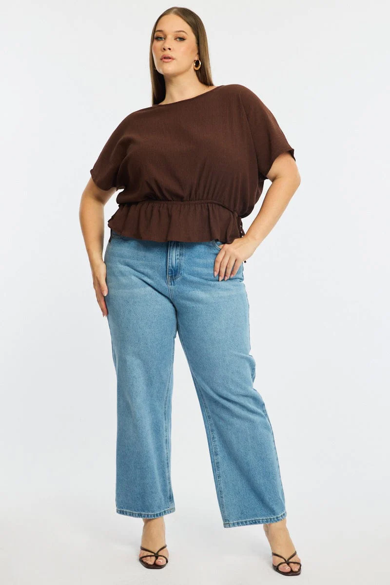 Brown Textured Top Short Sleeve Waist Tie - Image 2