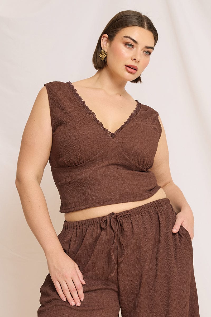 Brown Textured Top Sleeveless