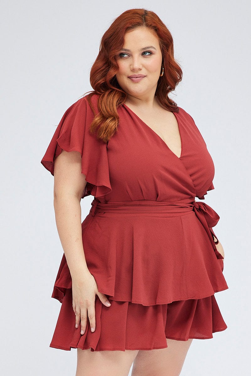 Brown Tie Playsuit Short Sleeve - Image 3
