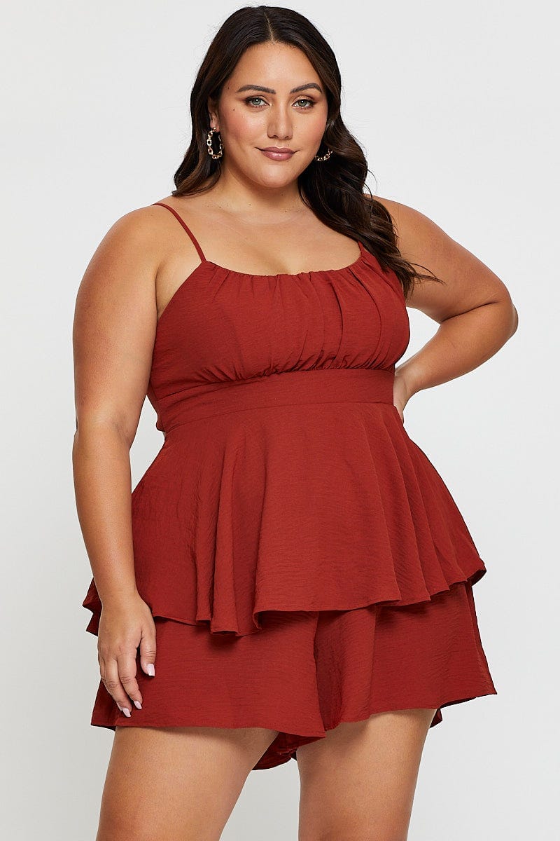 Brown Tie Playsuit Square Neck