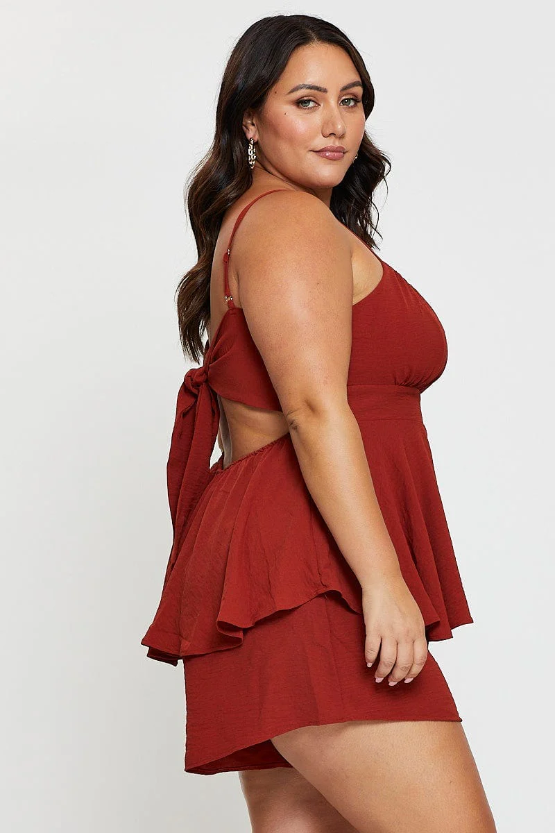 Brown Tie Playsuit Square Neck - Image 4