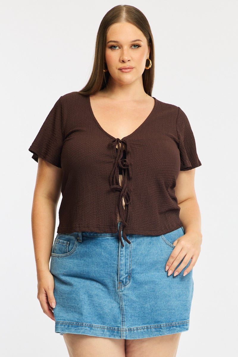 Brown Tie Up Top Short Sleeve