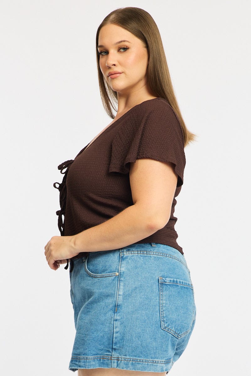 Brown Tie Up Top Short Sleeve - Image 3