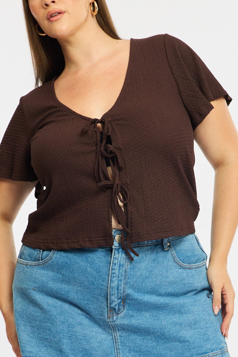 Brown Tie Up Top Short Sleeve - Image 5