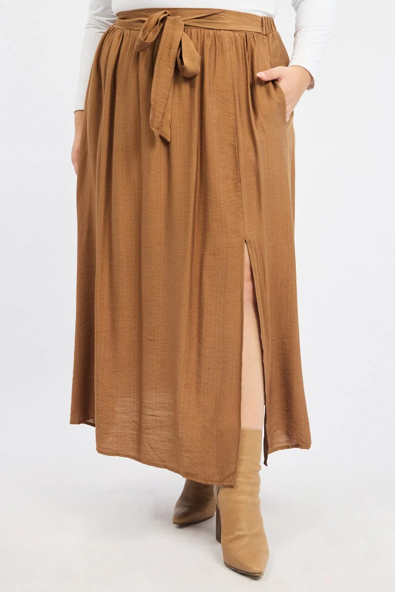Brown Tie Waist Split Side Maxi Skirt - Image 2