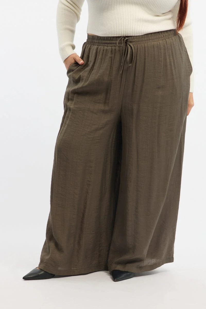 Brown Tie Waist Textured Wide Leg Pants
