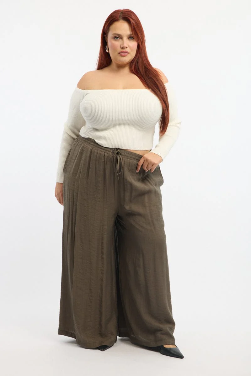 Brown Tie Waist Textured Wide Leg Pants - Image 2