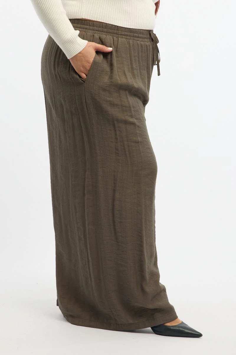 Brown Tie Waist Textured Wide Leg Pants - Image 3