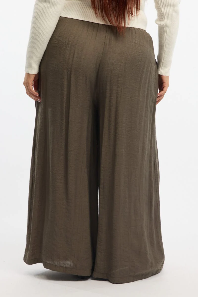 Brown Tie Waist Textured Wide Leg Pants - Image 4