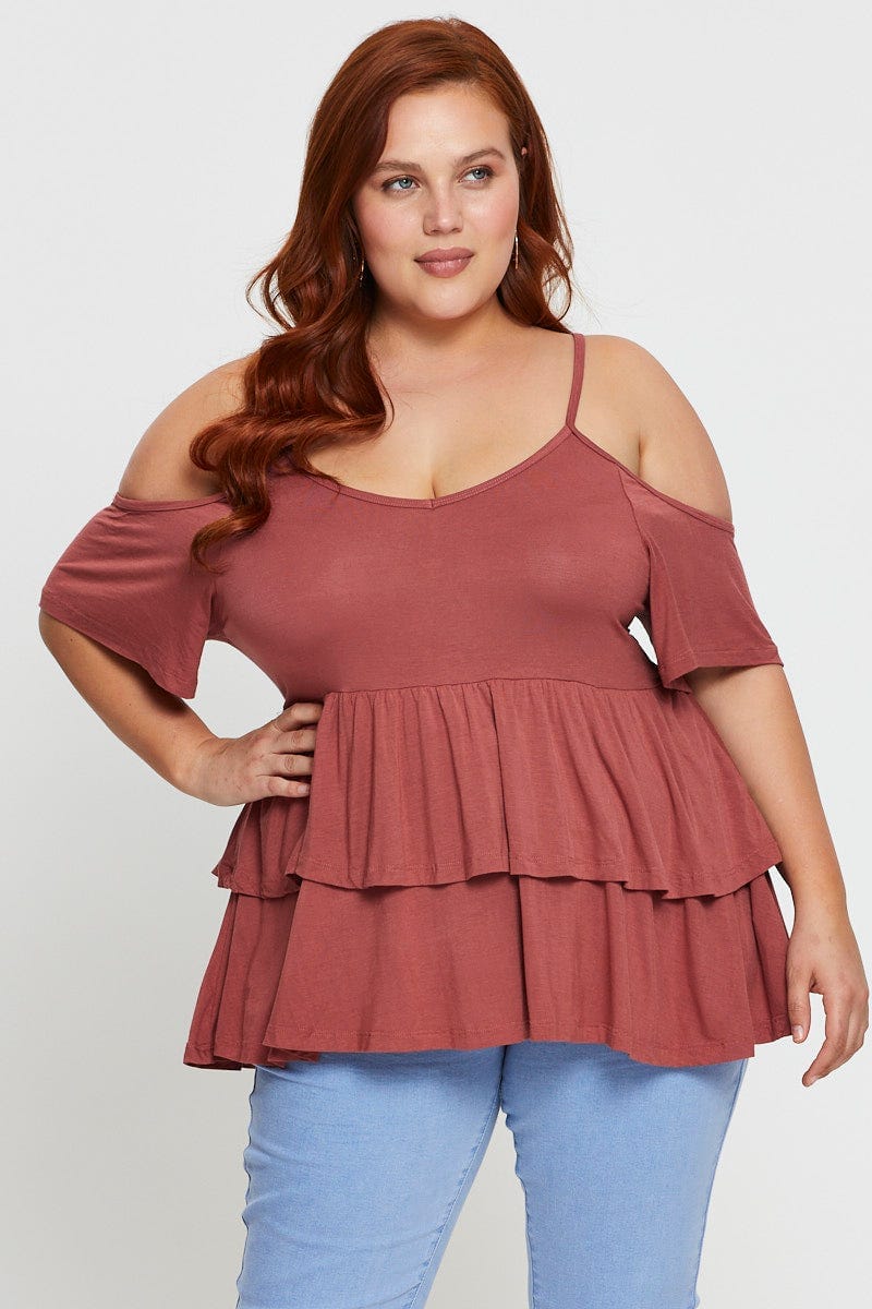 Brown Tiered Top Cold Shoulder Scoop Neck Jersey Peplum