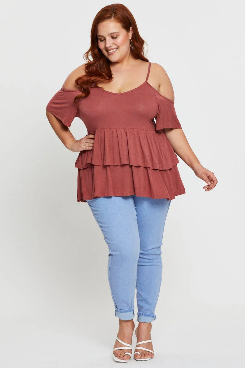 Brown Tiered Top Cold Shoulder Scoop Neck Jersey Peplum - Image 2