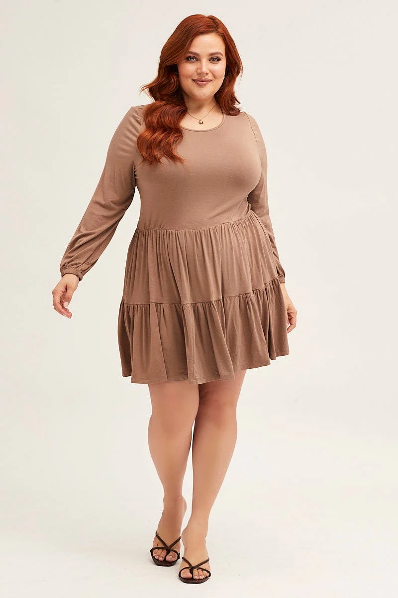 Brown Tiered Top Round Neck Three-quarter Sleeve - Image 2