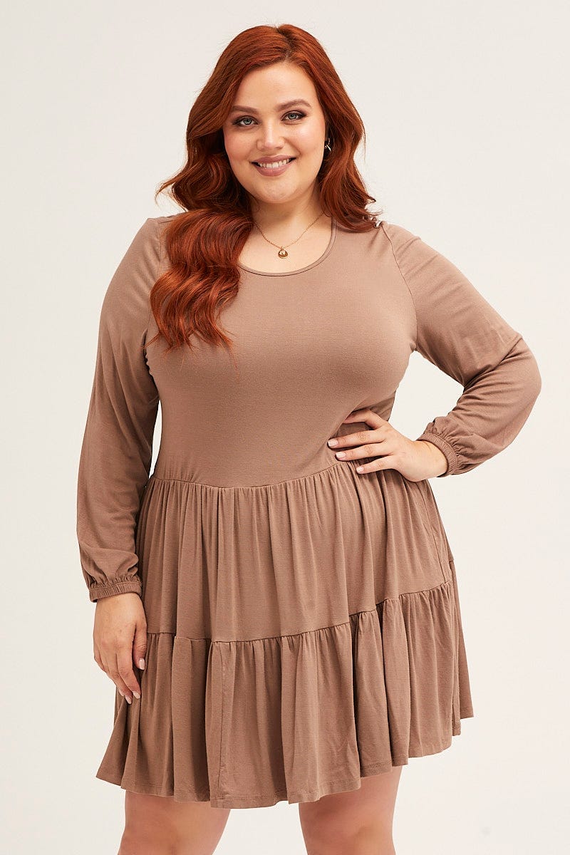 Brown Tiered Top Round Neck Three-quarter Sleeve - Image 3