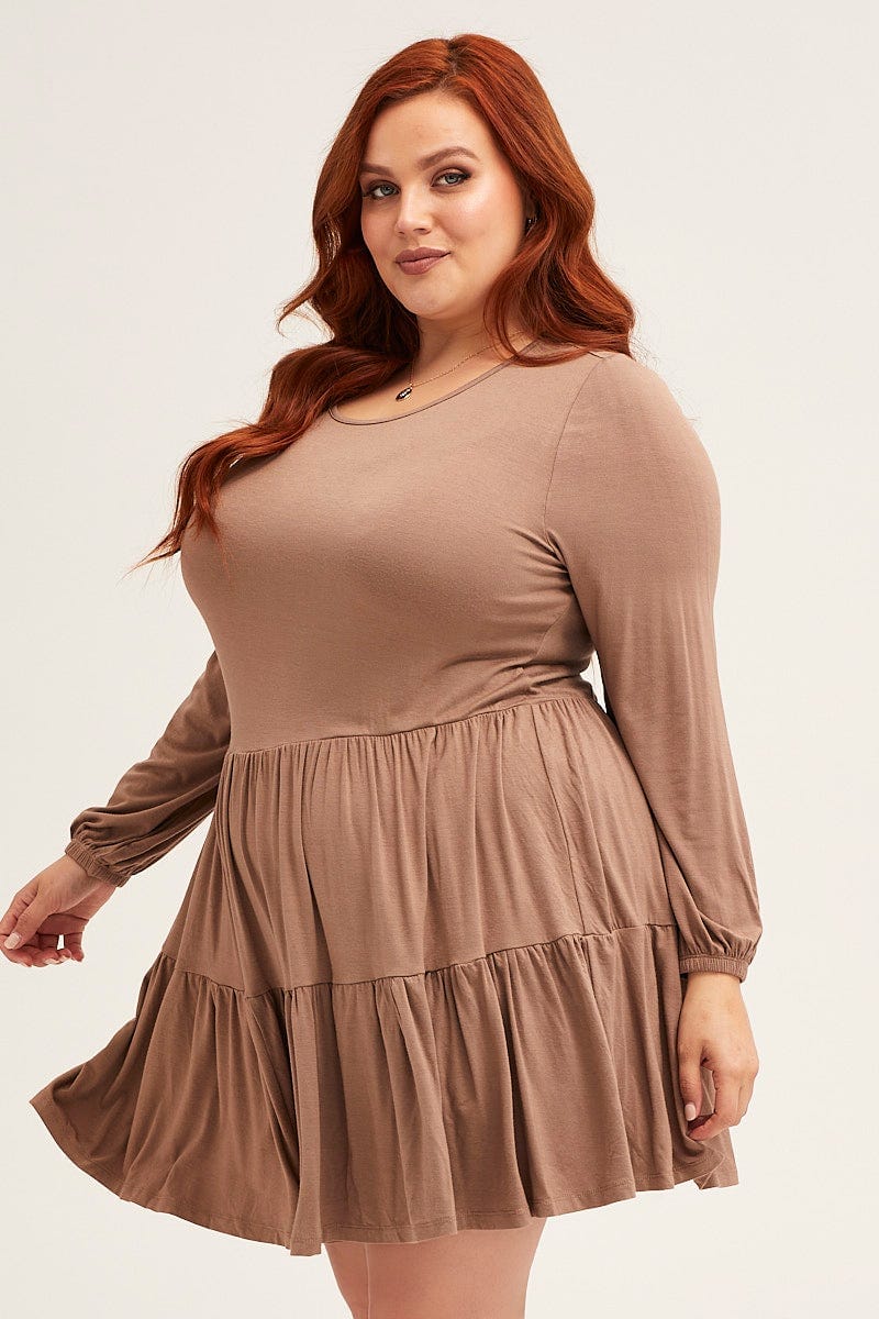 Brown Tiered Top Round Neck Three-quarter Sleeve - Image 4