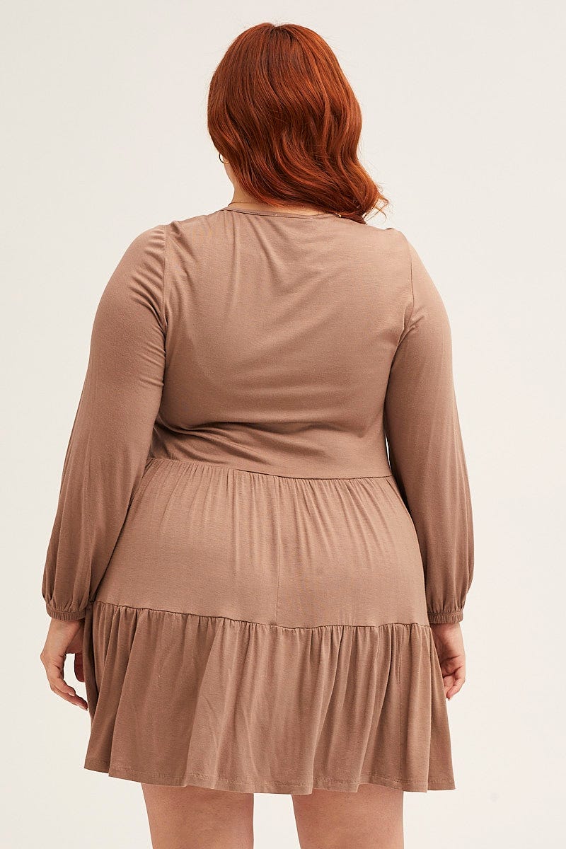 Brown Tiered Top Round Neck Three-quarter Sleeve - Image 5