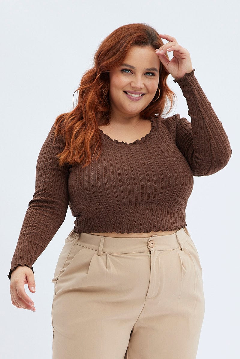 Brown Top Long Sleeve Scoop Neck - Image 3