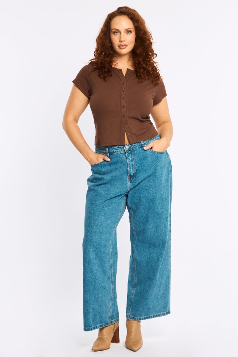 Brown Top Short Sleeve Button Front Rib - Image 2