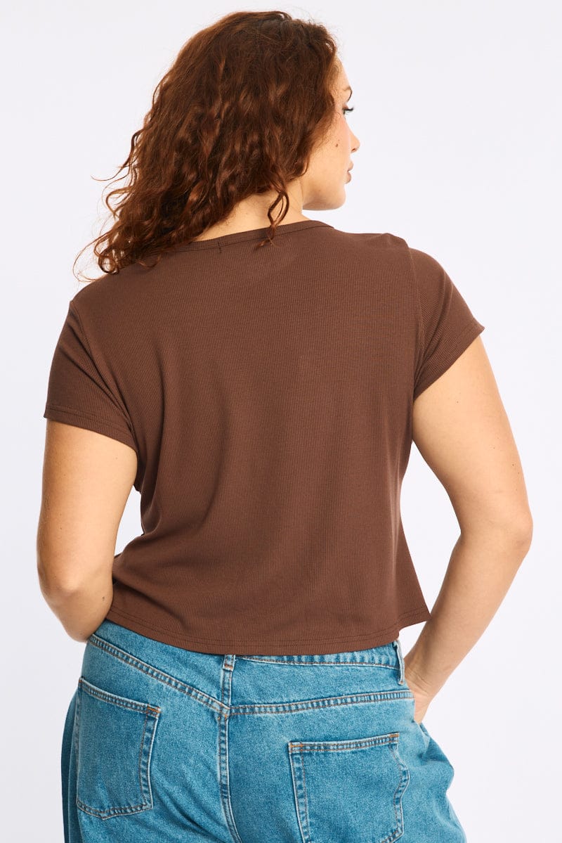 Brown Top Short Sleeve Button Front Rib - Image 4