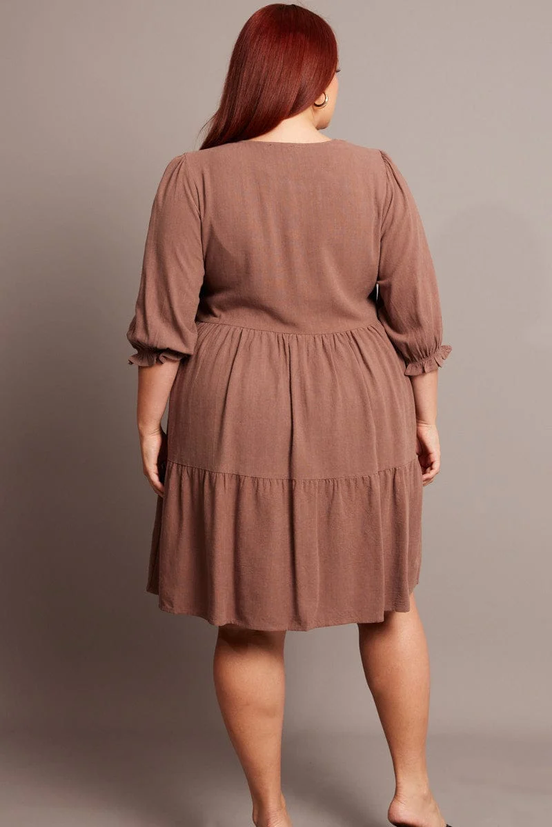 Brown V-neck Button Through Linen Blend Minidress - Image 5