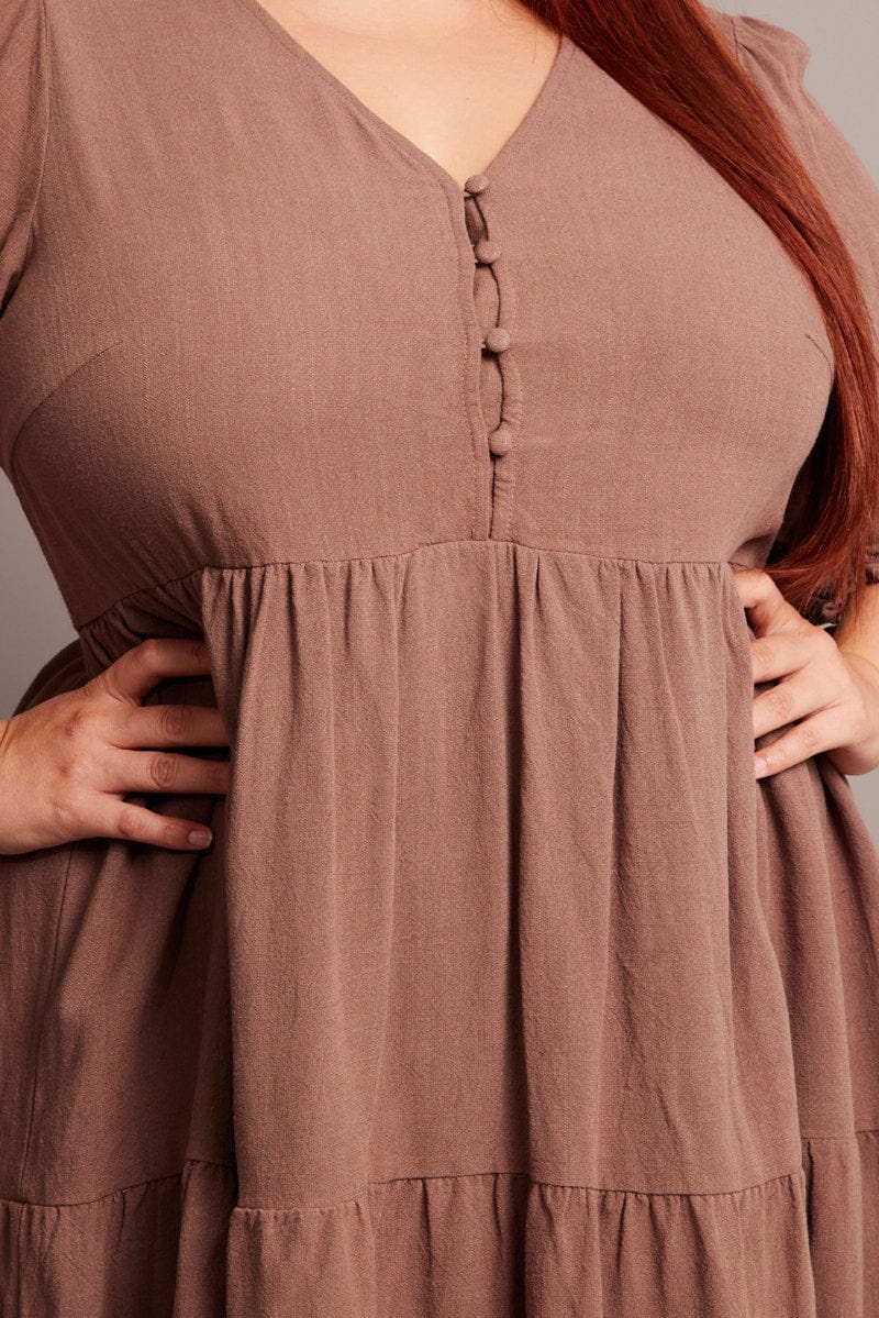 Brown V-neck Button Through Linen Blend Minidress - Image 6