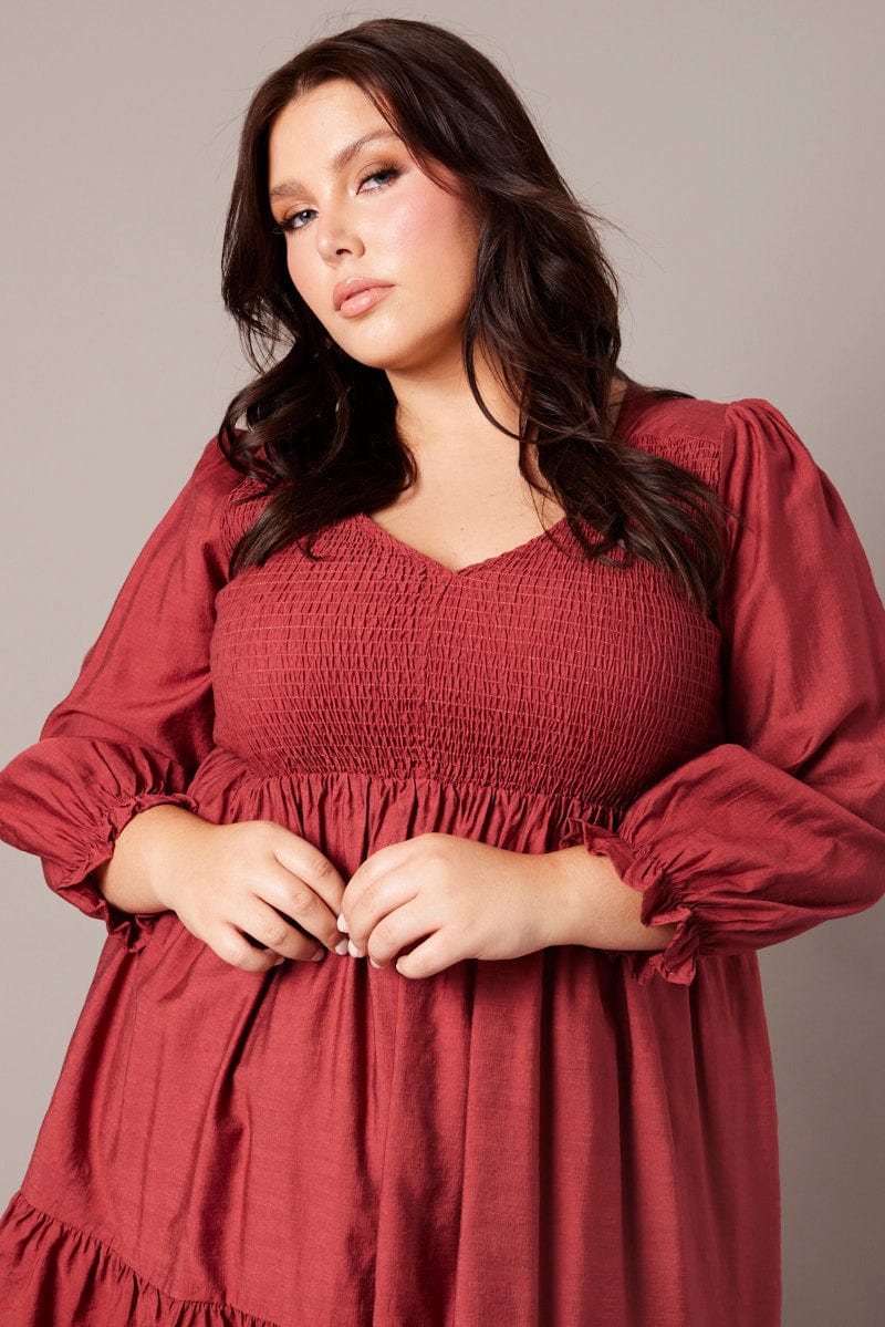 Brown V-neck Shirred Long Sleeve Mini Dress - Image 2