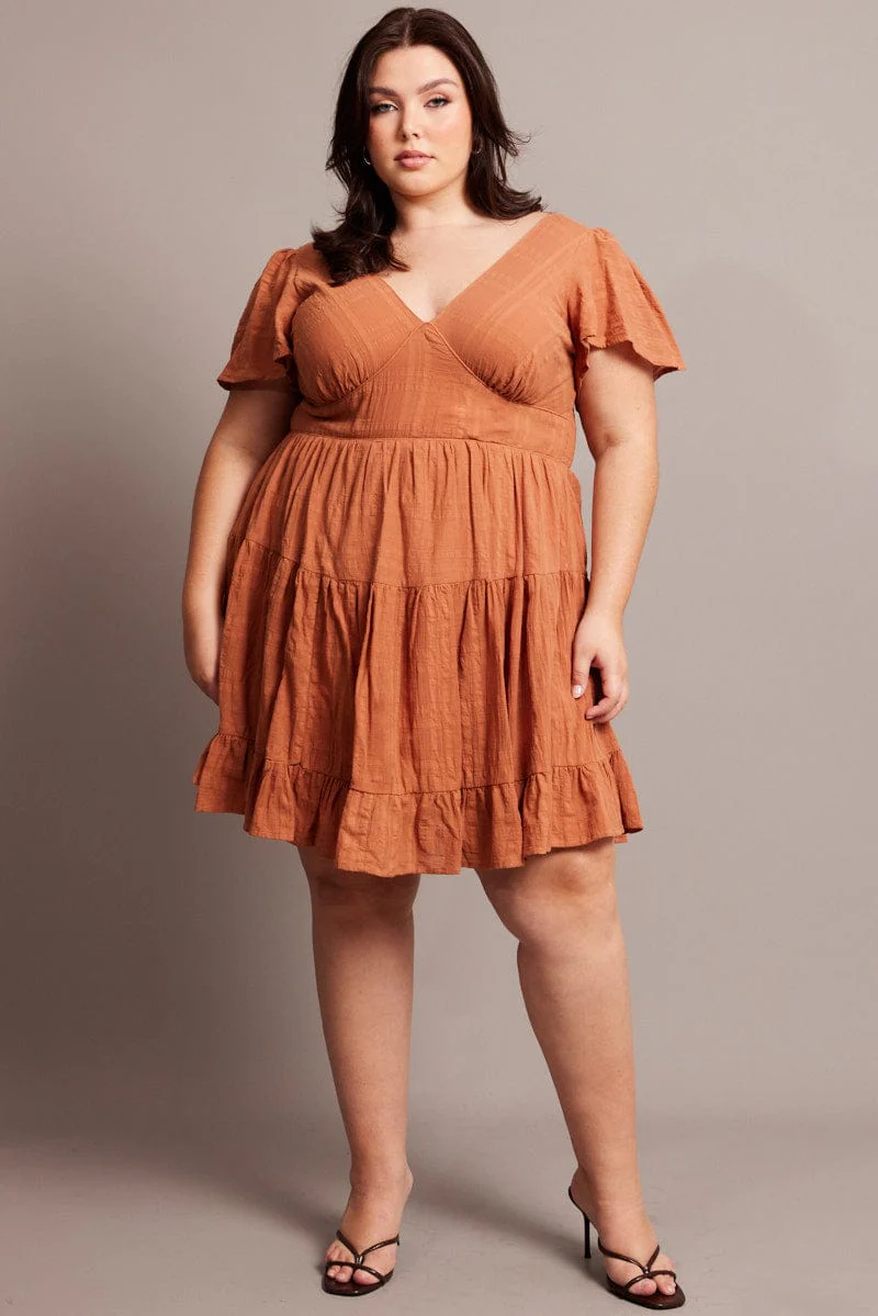 Brown V-neck Textured Cotton Mini Dress - Image 2