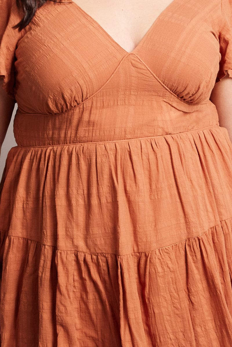 Brown V-neck Textured Cotton Mini Dress - Image 6