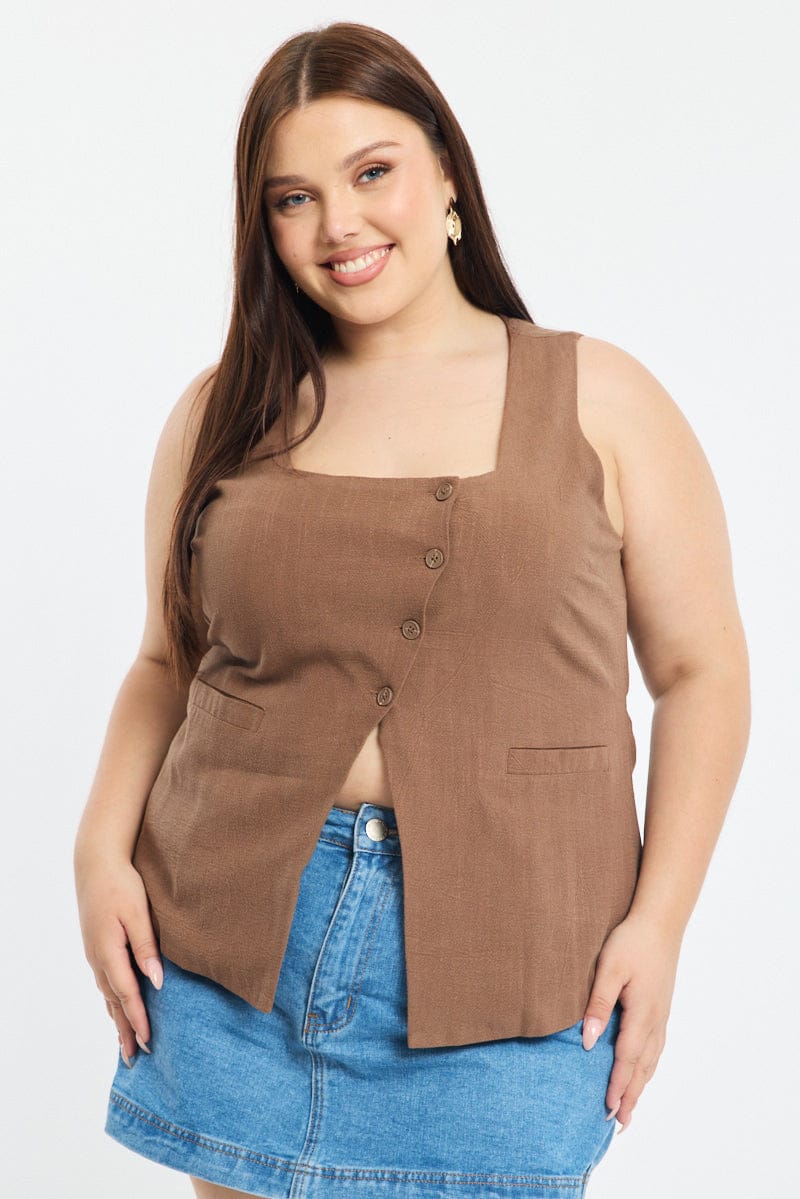 Brown Waistcoat Linen Square Neck - Image 3