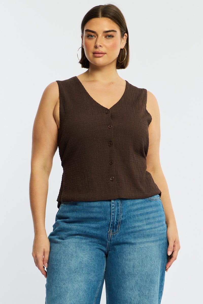 Brown Waistcoat Sleeveless Textured