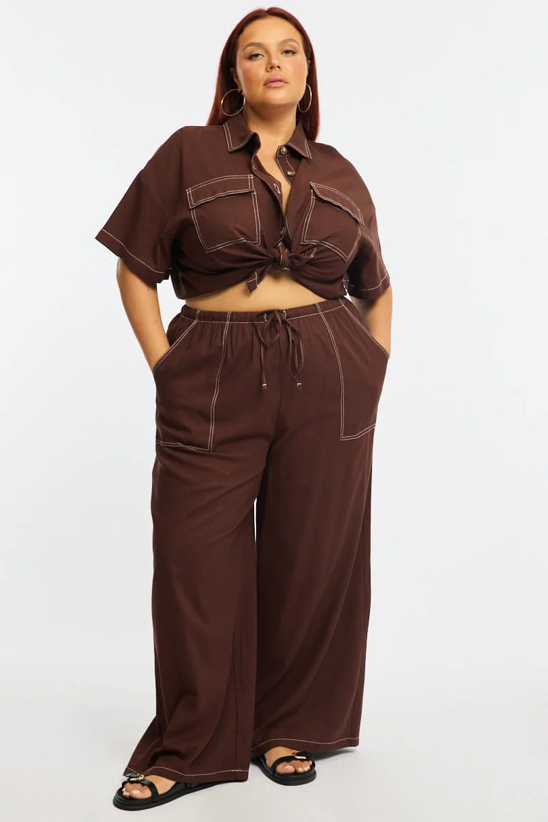 Brown Wide Leg Pants Contrast Stitch