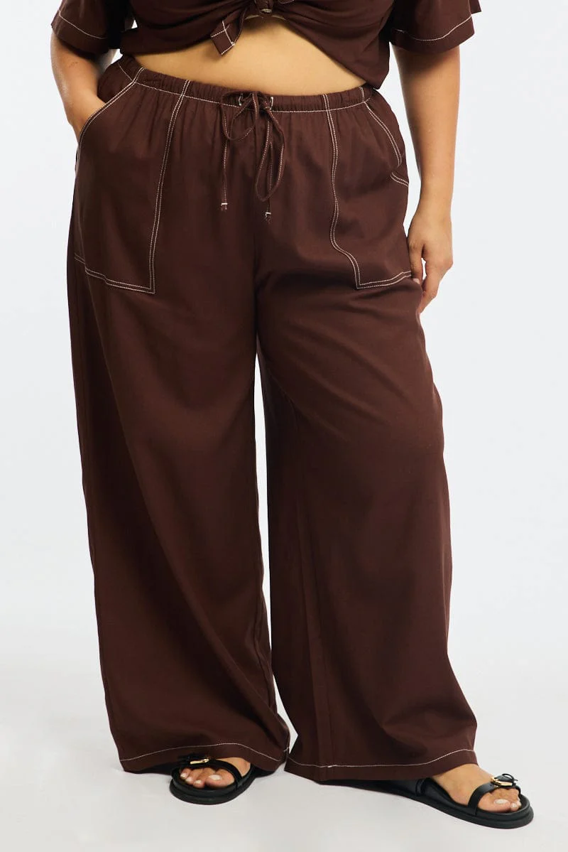 Brown Wide Leg Pants Contrast Stitch - Image 2