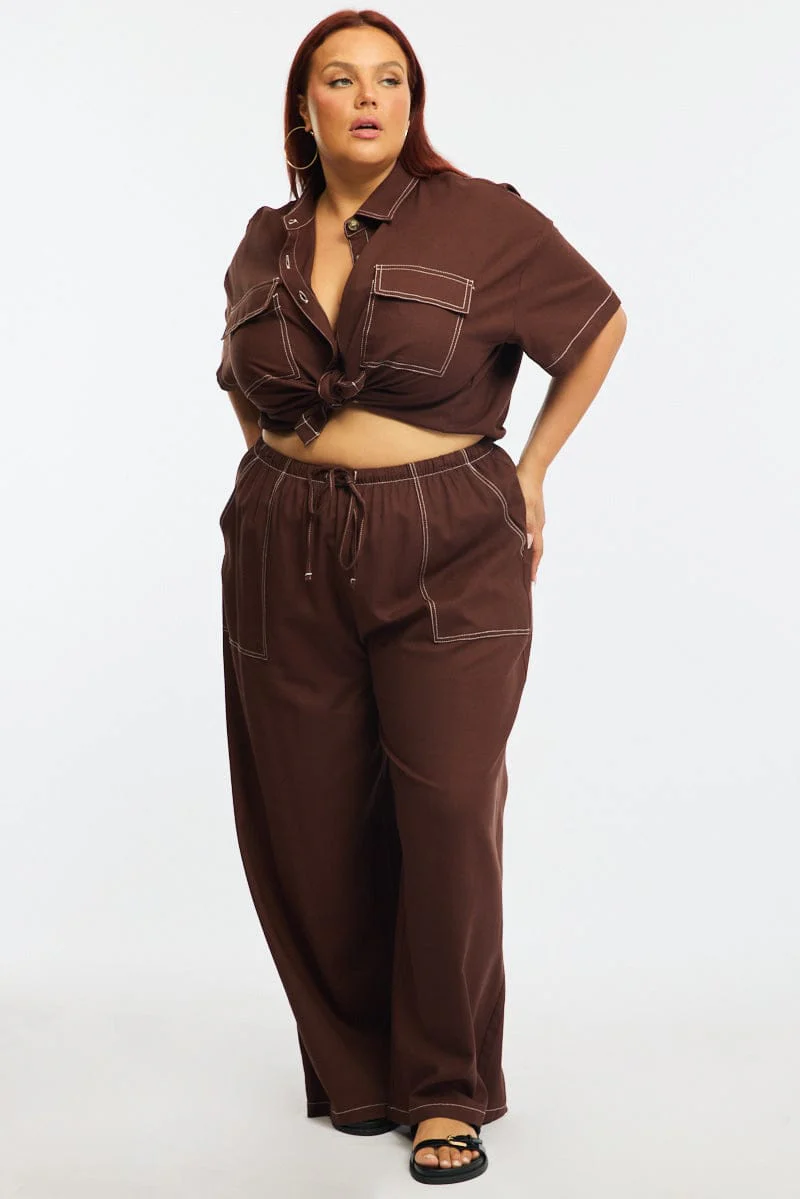Brown Wide Leg Pants Contrast Stitch - Image 3
