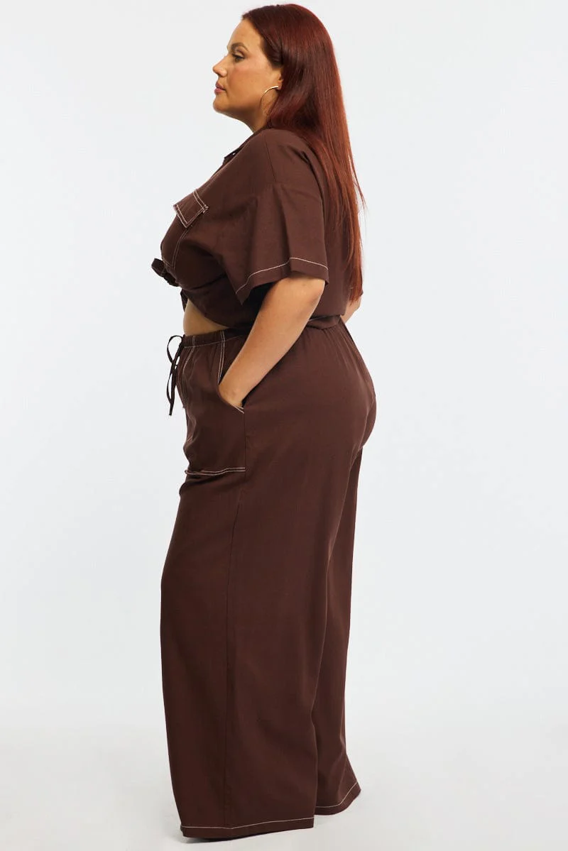 Brown Wide Leg Pants Contrast Stitch - Image 4