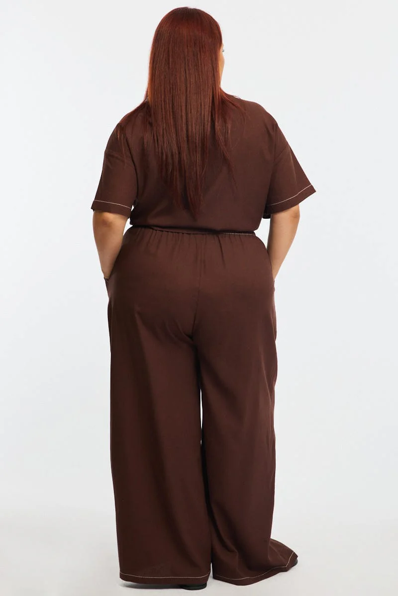Brown Wide Leg Pants Contrast Stitch - Image 5
