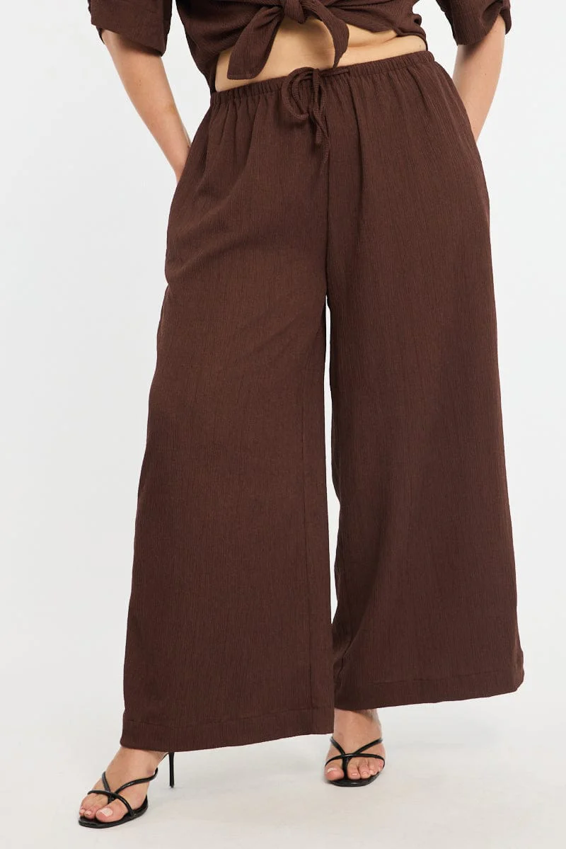 Brown Wide Leg Pants Elastic Waist - Image 2
