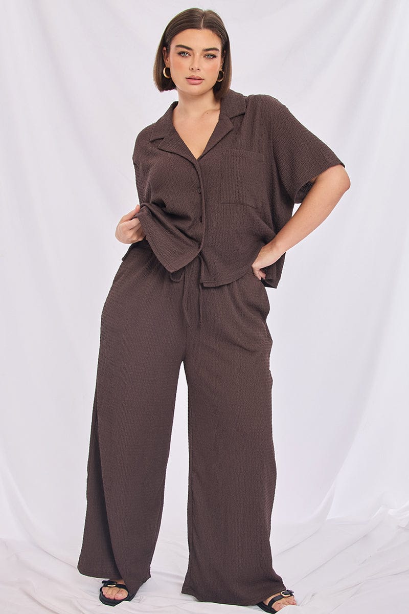 Brown Wide Leg Pants Elastic Waist