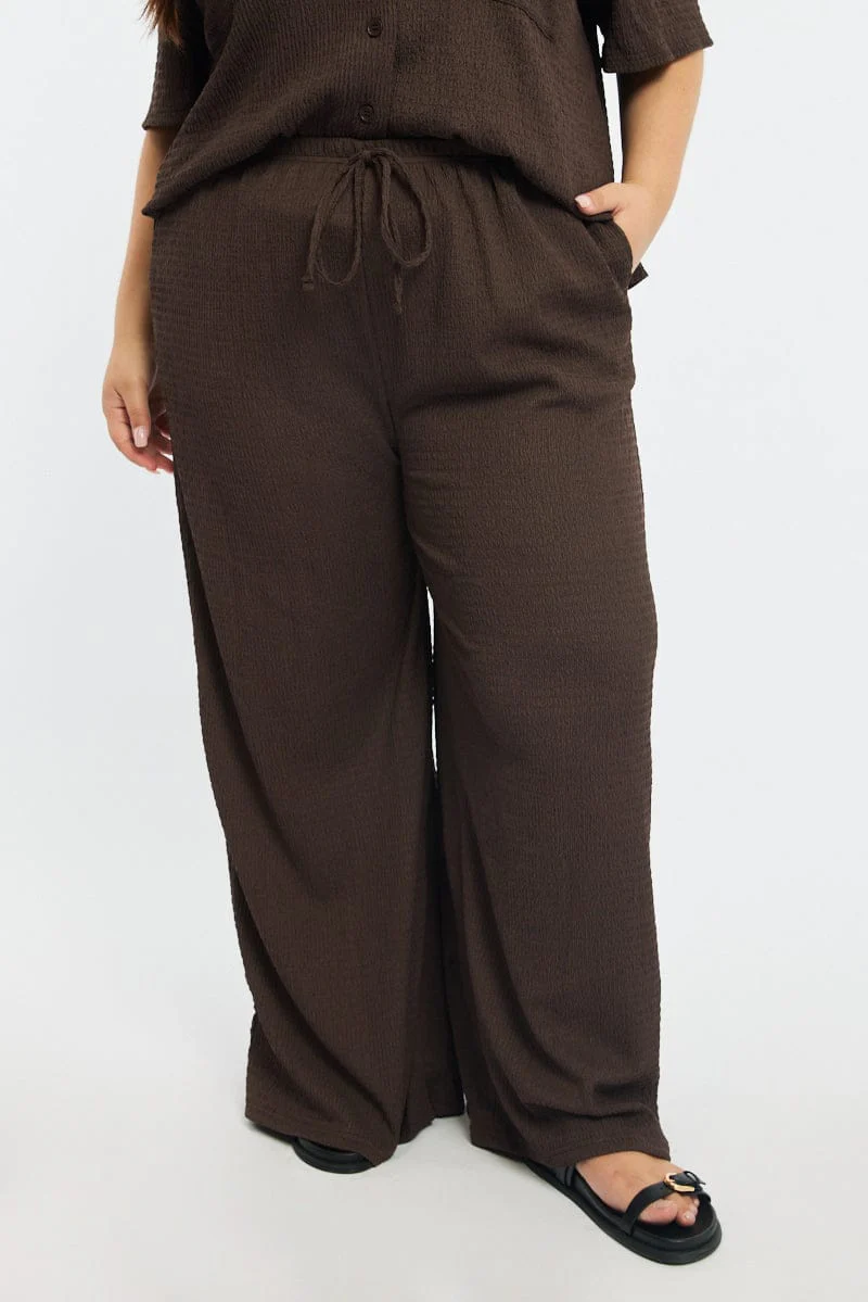 Brown Wide Leg Pants Elastic Waist - Image 2